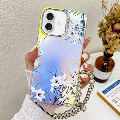 For iPhone 16 Plus Electroplating Laser Flower Phone Case with Wrist Strap(Morning Glory AH16) - iPhone 16 Plus Cases by buy2fix | Online Shopping UK | buy2fix