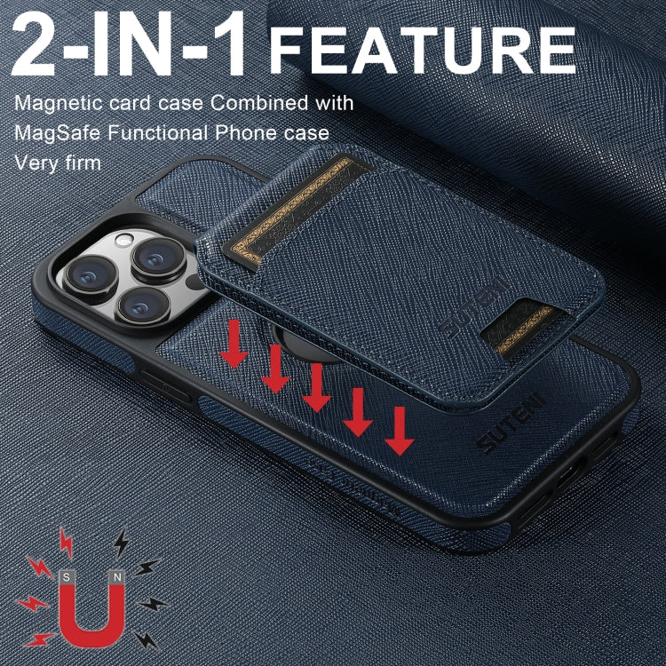 For iPhone 15 Pro Suteni M2 Cross-Grain MagSafe Vertical Card Back Phone Case(Blue) - iPhone 15 Pro Cases by Suteni | Online Shopping UK | buy2fix