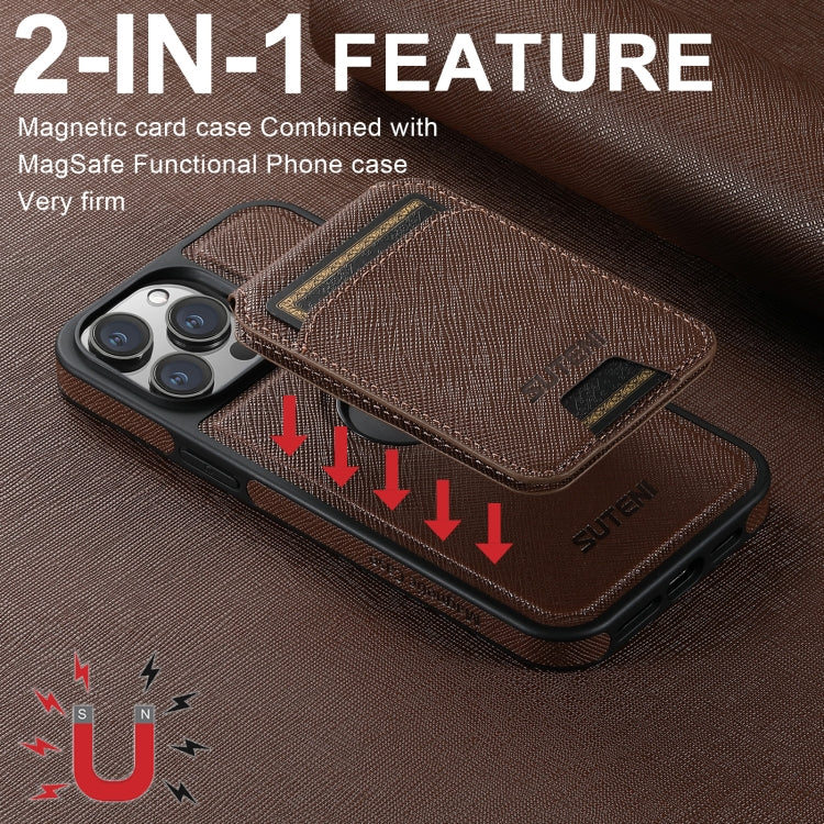 For iPhone 12 Pro Suteni M2 Cross-Grain MagSafe Vertical Card Back Phone Case(Brown) - iPhone 12 / 12 Pro Cases by Suteni | Online Shopping UK | buy2fix