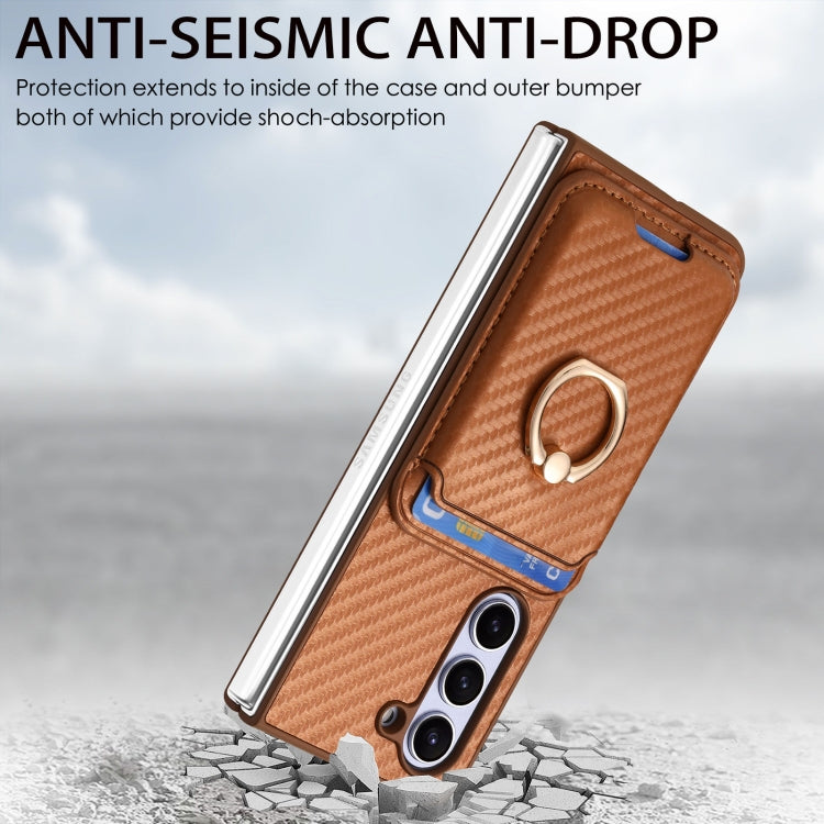 For Samsung Galaxy Z Fold6 Carbon Fiber Ring Card Bag Magsafe Phone Case(Brown) - Galaxy Z Fold6 5G Cases by buy2fix | Online Shopping UK | buy2fix