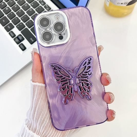 For iPhone 16 Pro Max Plating Glitter Texture Butterfly Holder TPU Phone Case with Lens Film(Purple Feather Yarn) - iPhone 16 Pro Max Cases by buy2fix | Online Shopping UK | buy2fix