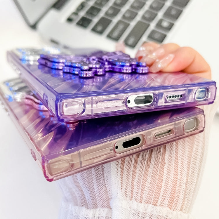 For Samsung Galaxy S25 5G Plating Glitter Texture Butterfly Holder TPU Phone Case with Lens Film(Purple Wrinkles) - Galaxy S25 5G Cases by buy2fix | Online Shopping UK | buy2fix