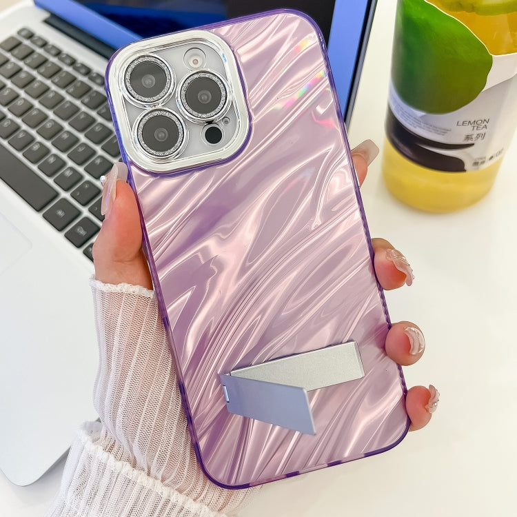 For iPhone 16 Pro Plating Glitter Texture Fold Holder TPU Phone Case with Lens Film(Purple Water Ripples) - iPhone 16 Pro Cases by buy2fix | Online Shopping UK | buy2fix