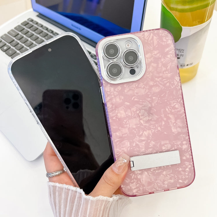 For iPhone 16 Pro Max Plating Glitter Texture Fold Holder TPU Phone Case with Lens Film(Purple Shell Pattern) - iPhone 16 Pro Max Cases by buy2fix | Online Shopping UK | buy2fix