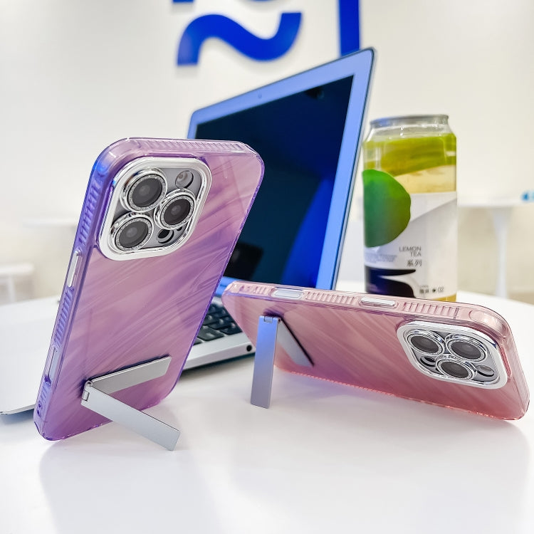 For iPhone 16 Pro Plating Glitter Texture Fold Holder TPU Phone Case with Lens Film(Purple Shell Pattern) - iPhone 16 Pro Cases by buy2fix | Online Shopping UK | buy2fix