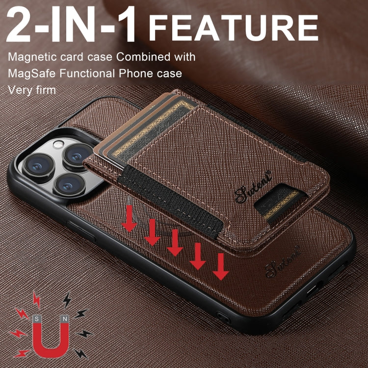 For iPhone 14 Pro Max Suteni H17 Cross Grain Leather MagSafe Detachable Wallet Phone Case(Brown) - iPhone 14 Pro Max Cases by Suteni | Online Shopping UK | buy2fix