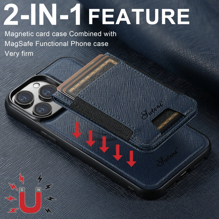 For iPhone 14 Plus Suteni H17 Cross Grain Leather MagSafe Detachable Wallet Phone Case(Blue) - iPhone 14 Plus Cases by Suteni | Online Shopping UK | buy2fix