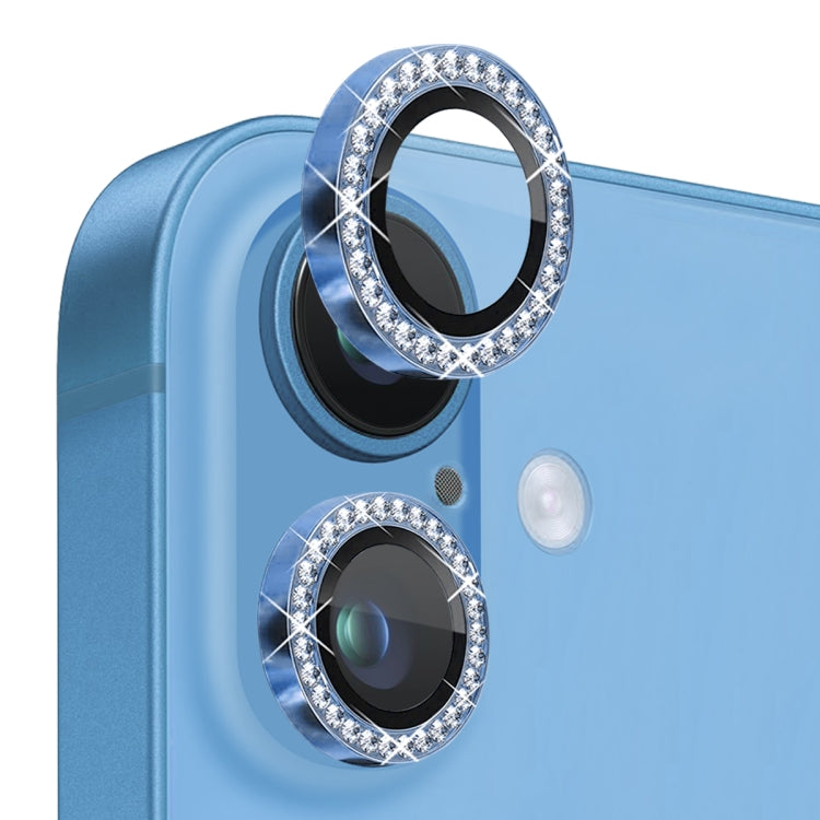 For iPhone 16 / 16 Plus NORTHJO Rhinestone Camera Lens Protector Tempered Glass Metal Ring Film(Blue) - iPhone 16 Tempered Glass by NORTHJO | Online Shopping UK | buy2fix