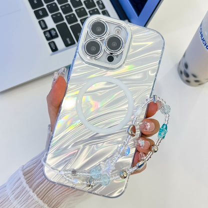 For iPhone 16 Pro Max Plating Texture Wristband MagSafe TPU Phone Case with Glitter Lens Film(White Water Ripples) - iPhone 16 Pro Max Cases by buy2fix | Online Shopping UK | buy2fix