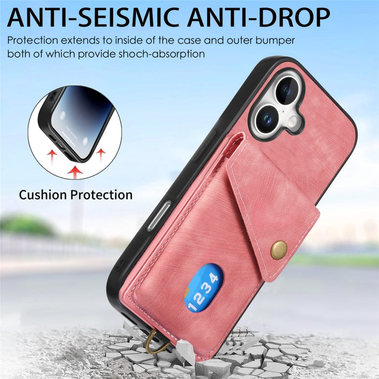 For iPhone 16 Retro Card Wallet Fold Leather Phone Case with Strap(Pink) - iPhone 16 Cases by buy2fix | Online Shopping UK | buy2fix