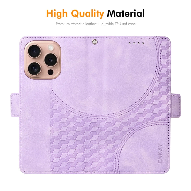 For iPhone 16 Pro ENKAY Embossed Rhombus Starry Leather Phone Case with Screen Film(Purple) - iPhone 16 Pro Cases by ENKAY | Online Shopping UK | buy2fix