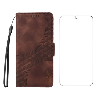 For Samsung Galaxy S25 5G / S24 5G ENKAY Embossed Rhombus Starry Leather Phone Case with Screen Film(Brown) - Galaxy S24 5G Cases by ENKAY | Online Shopping UK | buy2fix