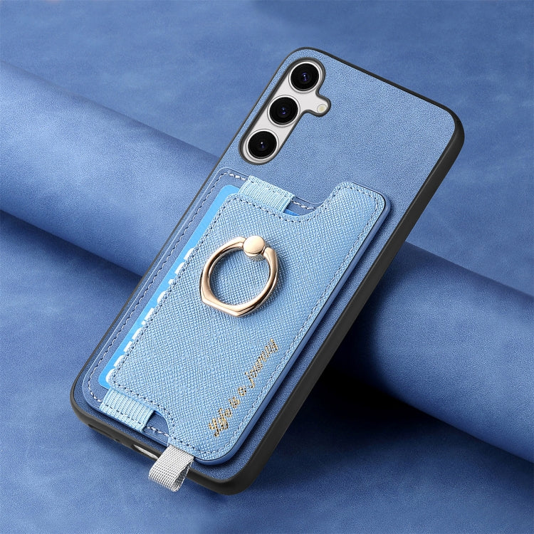 For Samsung Galaxy S25 5G Retro Cross Leather Ring Horizontal Insert Card Bag MagSafe Phone Case(Blue) - Galaxy S25 5G Cases by buy2fix | Online Shopping UK | buy2fix