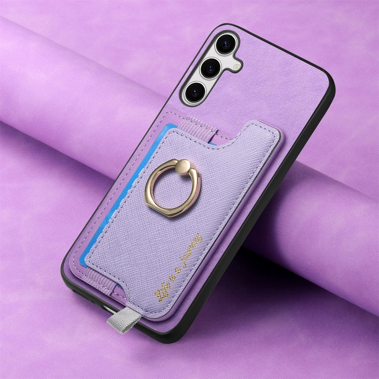 For Samsung Galaxy S25 5G Retro Cross Leather Ring Horizontal Insert Card Bag MagSafe Phone Case(Purple) - Galaxy S25 5G Cases by buy2fix | Online Shopping UK | buy2fix