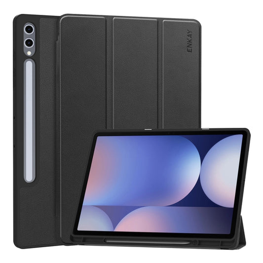 For Samsung Galaxy Tab S10+ / S9+ / S9 FE+ ENKAY Tri-fold Custer Texture TPU Leather Smart Tablet Case with Pen Slot(Black) - Galaxy Tab S9+ Cases by ENKAY | Online Shopping UK | buy2fix