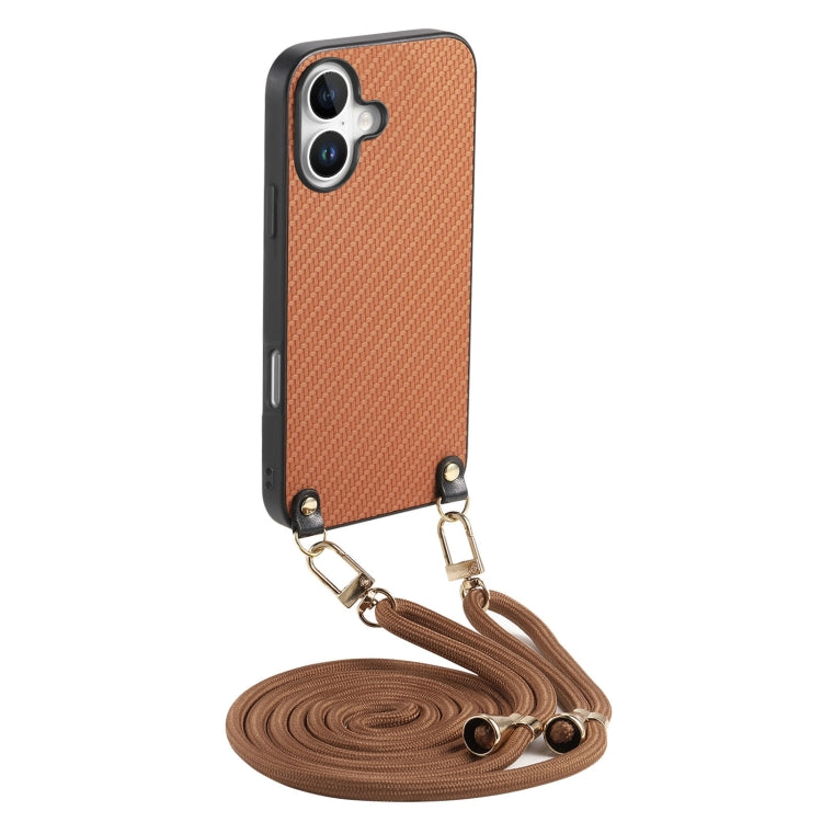 For iPhone 16 Plus Carbon Fiber Texture Leather Back Phone Case with Crossbody Strap(Brown) - iPhone 16 Plus Cases by buy2fix | Online Shopping UK | buy2fix