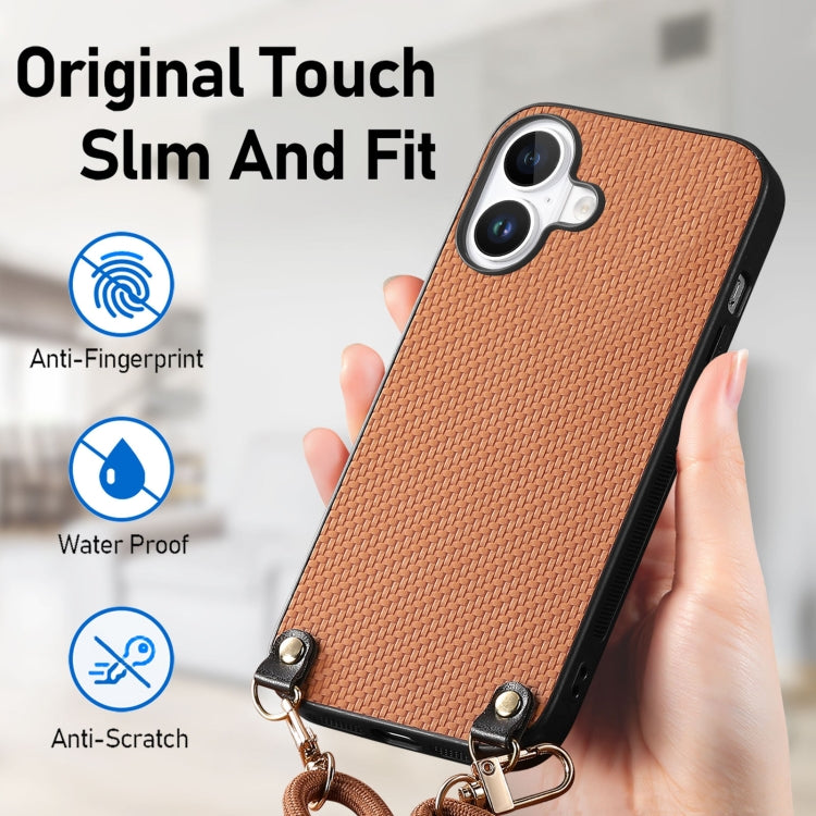 For iPhone 16 Plus Carbon Fiber Texture Leather Back Phone Case with Crossbody Strap(Brown) - iPhone 16 Plus Cases by buy2fix | Online Shopping UK | buy2fix