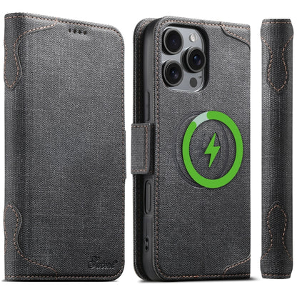 For iPhone 16 Pro Suteni J07 Multi-functional Horizontal MagSafe Denim Leather Phone Case(Black) - iPhone 16 Pro Cases by Suteni | Online Shopping UK | buy2fix