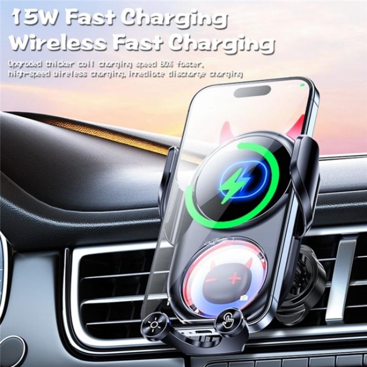 D1 Devil Design Air Vent Mount Phone Holder Stand 15W Car Wireless Charger(Black) - Car Charger by buy2fix | Online Shopping UK | buy2fix