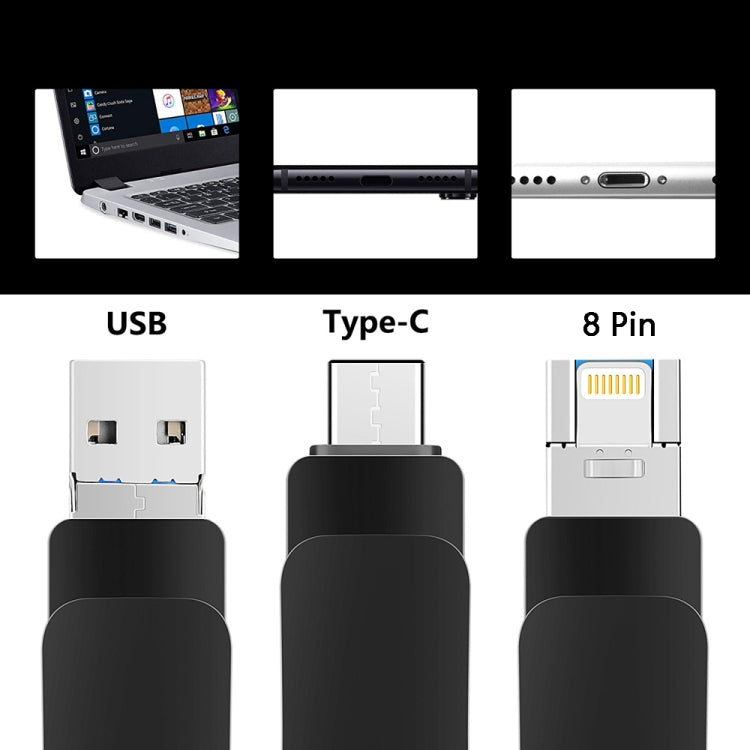 64GB USB 3.0 + 8 Pin + USB-C / Type-C 3 in 1 Mobile Computer Metal U-Disk(Black) - U Disk & Card Reader by buy2fix | Online Shopping UK | buy2fix