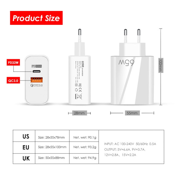 A502 65W USB-C/Type-C+USB Dual Port GaN Charger QC3.0 Laptop Universal Charger US Plug White - USB Charger by buy2fix | Online Shopping UK | buy2fix