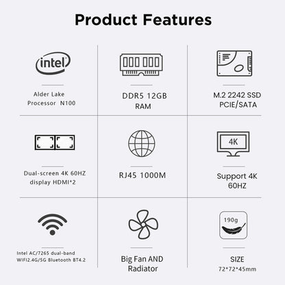 N100/DDR5 12th AlderLake-N100 Dual 4K60Hz Office And Home Mini PC, Spec: 12G+512G / EU Plug - Windows Mini PCs by buy2fix | Online Shopping UK | buy2fix