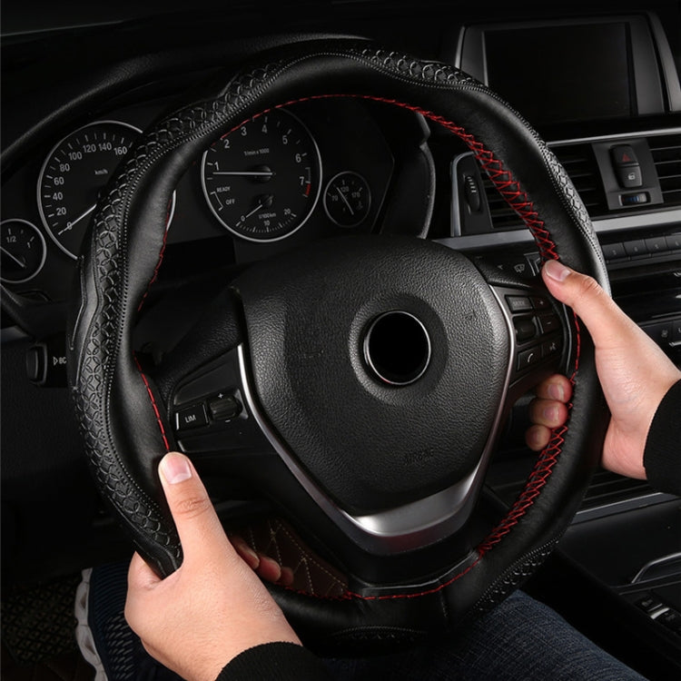 38cm Four-Season Embossed Hand-Sewn Cowhide Steering Wheel Cover(Coffee) - Steering Wheel Accessories by buy2fix | Online Shopping UK | buy2fix