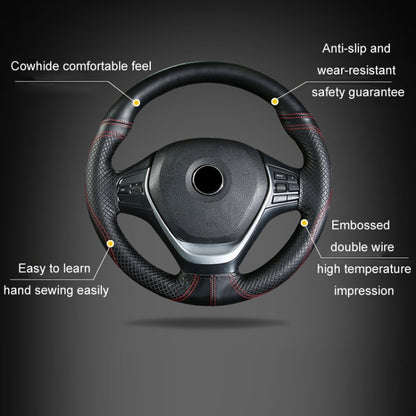 38cm Cowhide Embossed Hand-Stitched Double-Line Steering Wheel Cover(Black Black Line) - Steering Wheel Accessories by buy2fix | Online Shopping UK | buy2fix