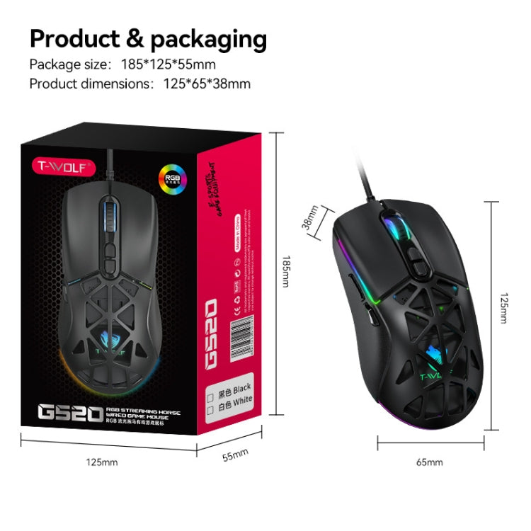 T-WOLF G520 7-keys RGB Marquee Honeycomb Hollow Gaming Wired Mouse(Black) - Wired Mice by T-WOLF | Online Shopping UK | buy2fix