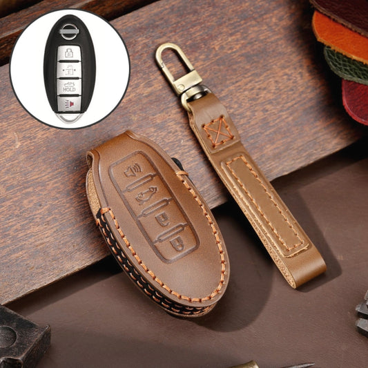 For Nissan 4-button Horn Hallmo Car Cowhide Leather Key Protective Cover Key Case(Brown) - In Car by Hallmo | Online Shopping UK | buy2fix