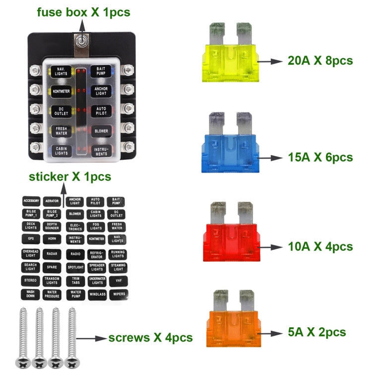 1 in 10 Out Fuse Box Screw Terminal Section Fuse Holder Kits with LED Warning Indicator for Auto Car Truck Boat - In Car by buy2fix | Online Shopping UK | buy2fix