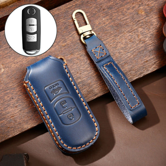 Hallmo Car Cowhide Leather Key Protective Cover Key Case for Mazda Axela 3-button(Blue) -  by Hallmo | Online Shopping UK | buy2fix