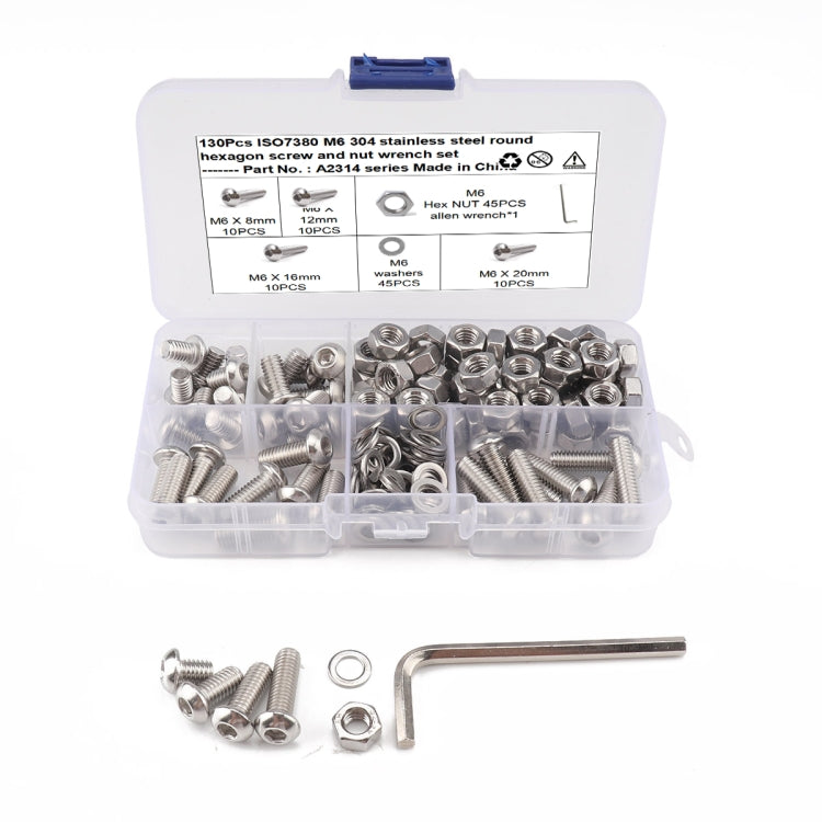 130 PCS 304 Stainless Steel Screws and Nuts M6 Hex Socket Head Cap Screws Gasket Wrench Assortment Set Kit - In Car by buy2fix | Online Shopping UK | buy2fix