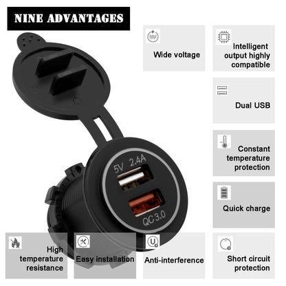 Universal Car QC3.0 Dual Port USB Charger Power Outlet Adapter 5V 2.4A IP66 with 60cm Cable(White Light) - In Car by buy2fix | Online Shopping UK | buy2fix