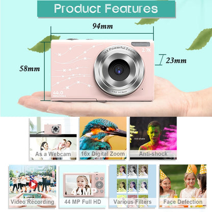 DC402 2.4 inch 44MP 16X Zoom 1080P Full HD Digital Camera Children Card Camera, EU Plug (Pink) - Consumer Electronics by buy2fix | Online Shopping UK | buy2fix