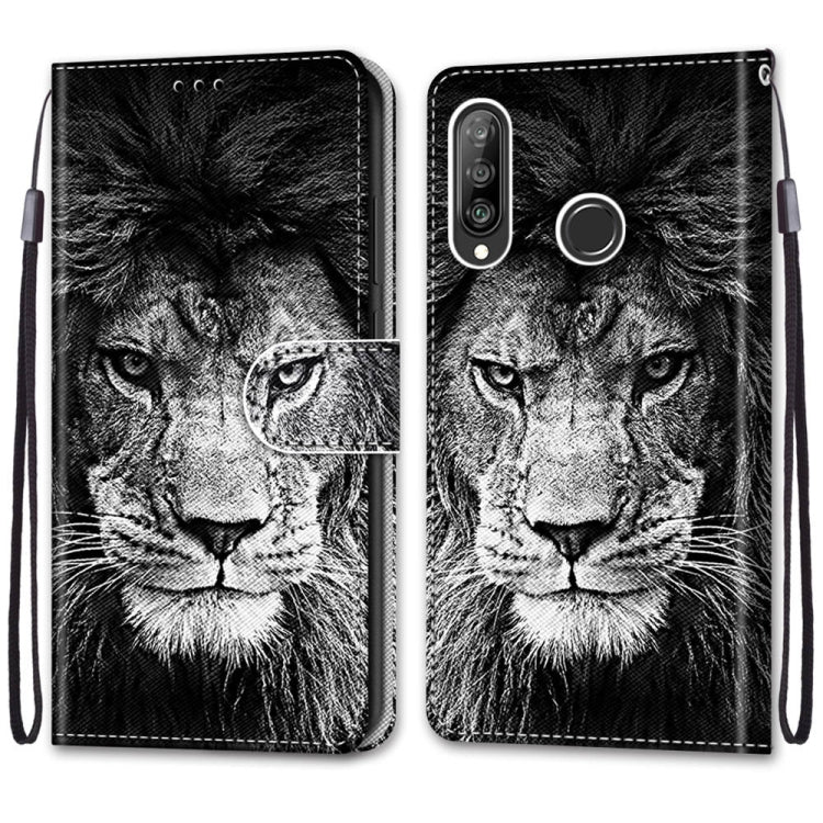 For Huawei P30 Lite Coloured Drawing Cross Texture Horizontal Flip PU Leather Case with Holder & Card Slots & Wallet & Lanyard(B11 Black White Lion Head) - Mobile Accessories by buy2fix | Online Shopping UK | buy2fix