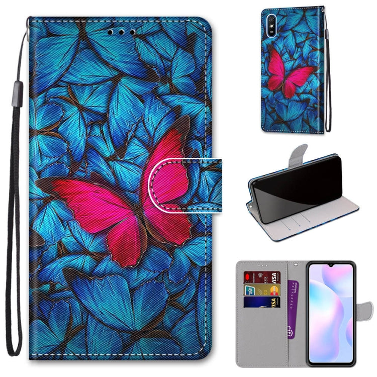 For Xiaomi Redmi 9A Coloured Drawing Cross Texture Horizontal Flip PU Leather Case with Holder & Card Slots & Wallet & Lanyard(Blue Red Butterfly) - Xiaomi Cases by buy2fix | Online Shopping UK | buy2fix