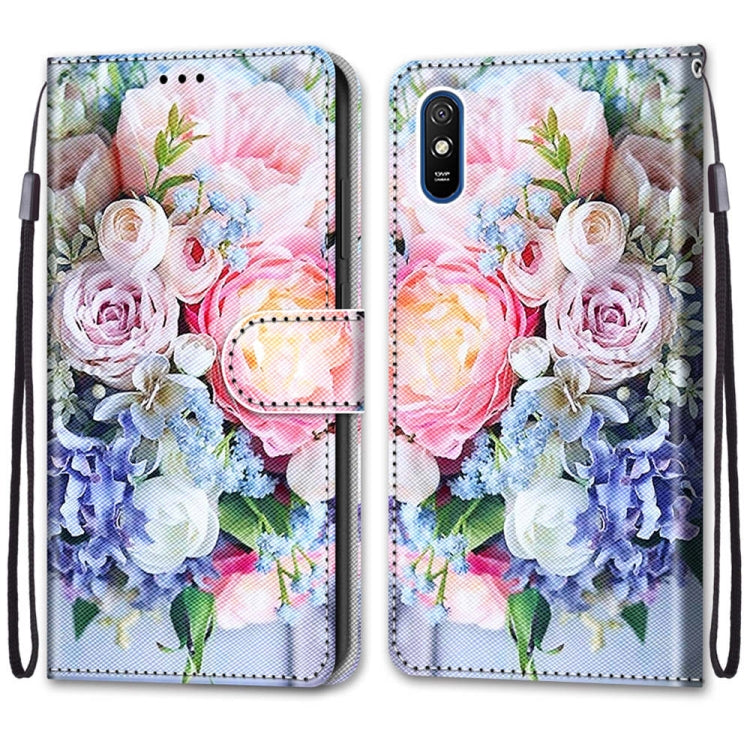 For Xiaomi Redmi 9A Coloured Drawing Cross Texture Horizontal Flip PU Leather Case with Holder & Card Slots & Wallet & Lanyard(Light Pink Bouquet) - Xiaomi Cases by buy2fix | Online Shopping UK | buy2fix