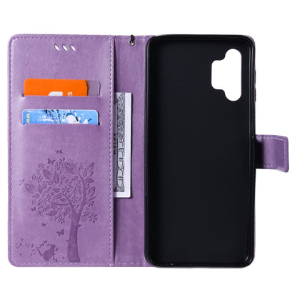 For Samsung Galaxy A32 5G Tree & Cat Pattern Pressed Printing Horizontal Flip PU Leather Case with Holder & Card Slots & Wallet & Lanyard(Lavender) - Galaxy Phone Cases by imak | Online Shopping UK | buy2fix