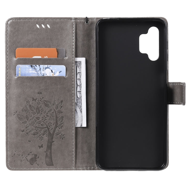 For Samsung Galaxy A32 5G Tree & Cat Pattern Pressed Printing Horizontal Flip PU Leather Case with Holder & Card Slots & Wallet & Lanyard(Gray) - Galaxy Phone Cases by imak | Online Shopping UK | buy2fix