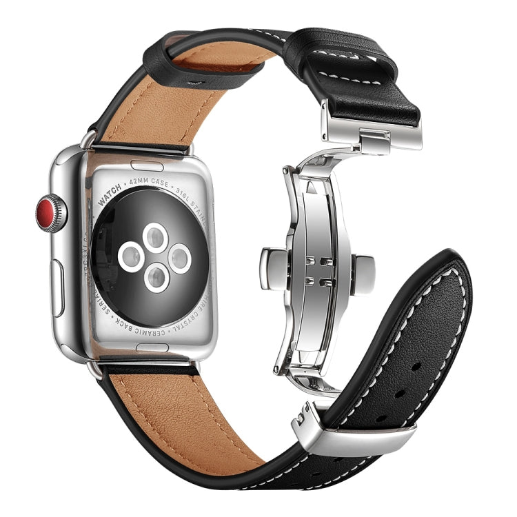 Genuine Leather + Butterfly Silver Buckle Watch Band For Apple Watch Series 7 45mm / 6 & SE & 5 & 4 44mm / 3 & 2 & 1 42mm(Black) - Watch Bands by buy2fix | Online Shopping UK | buy2fix