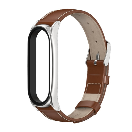 For Xiaomi Mi Band 6 / 5 / 4 / 3 Mijobs First Layer Cowhide Plus Watch Band(Brown Silver) - Watch Bands by MIJOBS | Online Shopping UK | buy2fix