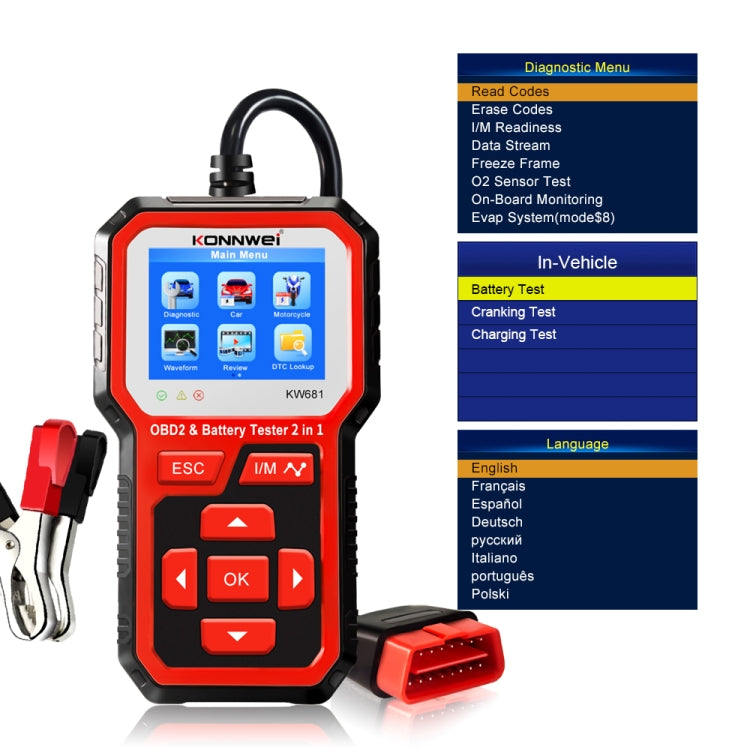 KONNWEI KW681 Car 2.4 inch TFT Screen OBD Fault Diagnosis + 6V-12V Battery Tester Support 9 Languages - Code Readers & Scan Tools by KONNWEI | Online Shopping UK | buy2fix