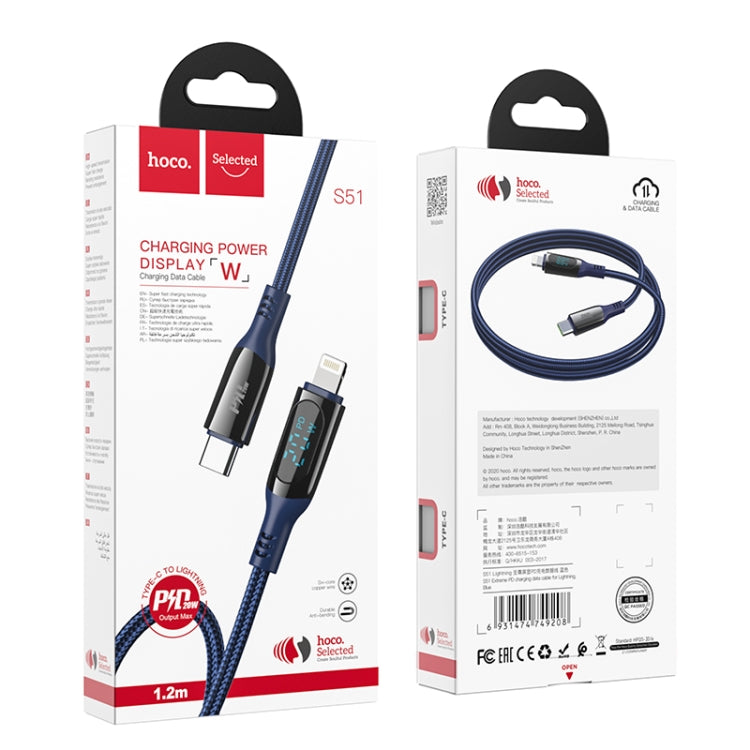 hoco S51 8 Pin PD Digital Display Charging Data Cable, Length: 1.2m(Blue) - Normal Style Cable by hoco | Online Shopping UK | buy2fix