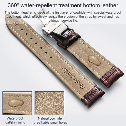 22mm Classic Cowhide Leather Black Butterfly Buckle Watch Band(Brown) - 22mm Bands by buy2fix | Online Shopping UK | buy2fix