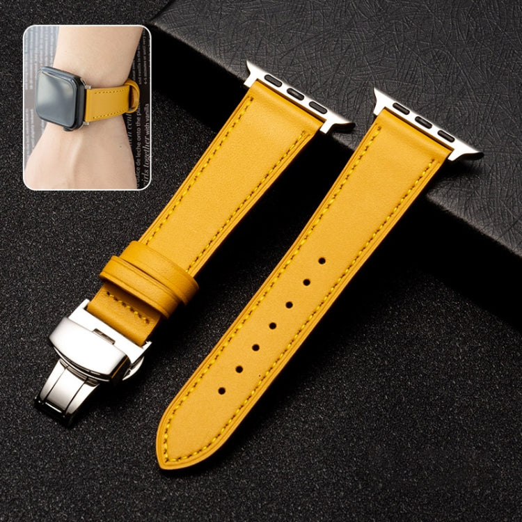 Butterfly Clasp  Top Layer Cowhide Leather Strap Watch Band For Apple Watch Ultra 49mm / Series 8&7 45mm / SE 2&6&SE&5&4 44mm / 3&2&1 42mm(Yellow) - Watch Bands by buy2fix | Online Shopping UK | buy2fix