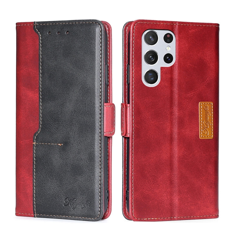 For Samsung Galaxy S22 Ultra 5G Retro Texture Contrast Color Side Buckle Horizontal Flip Leather Case with Holder & Card Slots & Wallet(Red) - Samsung Accessories by buy2fix | Online Shopping UK | buy2fix