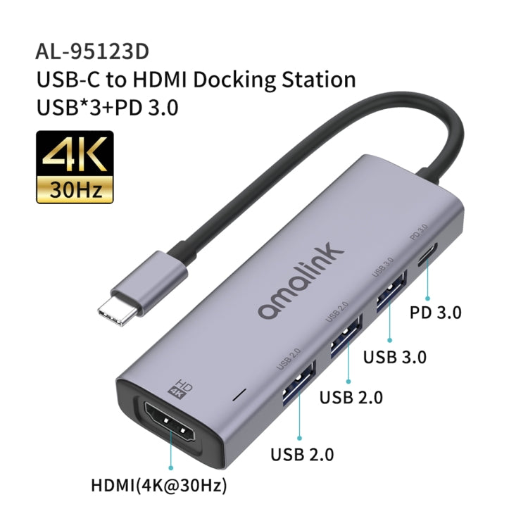 amalink 95123D Type-C / USB-C to HDMI + 3 Ports USB + PD 3.0 Multi-function HUB(Grey) - Computer & Networking by amalink | Online Shopping UK | buy2fix