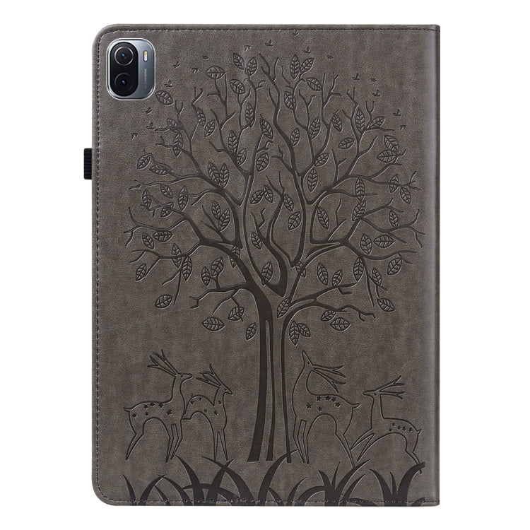 For Xiaomi Pad 5 / 5 Pro Tree & Deer Pattern Pressed Printing Leather Tablet Case with Sleep / Wake-up(Grey) - Mobile Accessories by buy2fix | Online Shopping UK | buy2fix
