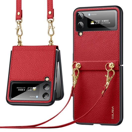 For Samsung Galaxy Z Flip3 5G SULADA Litchi Texture Leather + TPU Phone Case with Strap(Red) - Galaxy Phone Cases by SULADA | Online Shopping UK | buy2fix